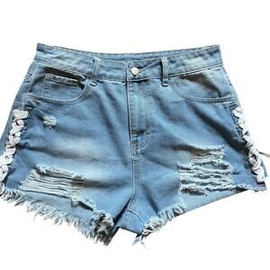Lace Up Raw Hem Ripped Denim Shorts Shein size 30
